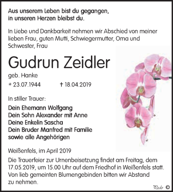 Traueranzeige von Gudrun Zeidler von WVG - Wochenspiegel NMB / WSF / ZTZ