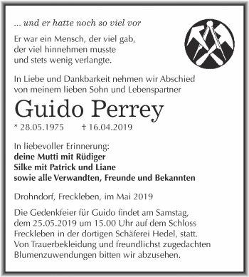 Traueranzeige von Guido Perrey von Super Sonntag SGH Mansf. Land