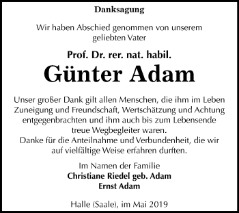 Traueranzeige von Günter Adam von Mitteldeutsche Zeitung Halle/Saalkreis