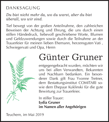 Traueranzeige von Günter Gruner von Mitteldeutsche Zeitung Weißenfels