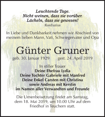 Traueranzeige von Günter Gruner von Mitteldeutsche Zeitung Weißenfels