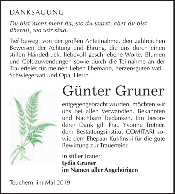 Traueranzeige von Günter Gruner von WVG - Wochenspiegel NMB / WSF / ZTZ