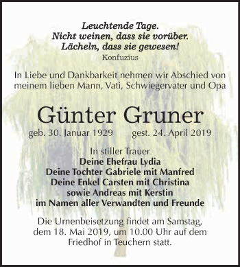 Traueranzeige von Günter Gruner von WVG - Wochenspiegel NMB / WSF / ZTZ