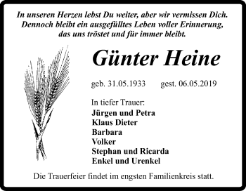 Traueranzeige von Günter Heine von Super Sonntag Quedlinburg