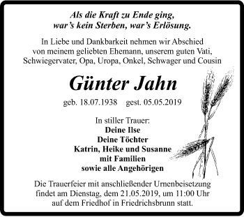 Traueranzeige von Günter Jahn von Super Sonntag Quedlinburg
