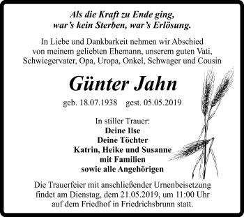 Traueranzeige von Günter Jahn von Mitteldeutsche Zeitung Quedlinburg