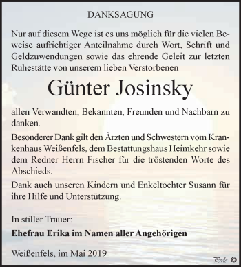 Traueranzeige von Günter Josinsky von WVG - Wochenspiegel NMB / WSF / ZTZ