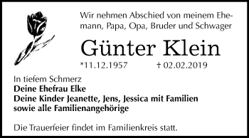 Traueranzeige von Günter Klein von Mitteldeutsche Zeitung Dessau-Roßlau