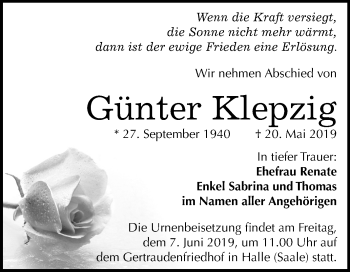 Traueranzeige von Günter Klepzig von Mitteldeutsche Zeitung