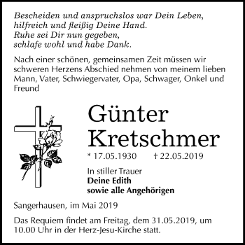 Traueranzeige von Günter Kretschmer von Mitteldeutsche Zeitung Sangerhausen