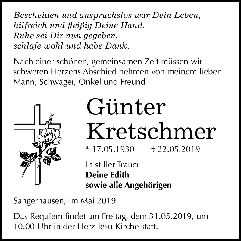  Traueranzeige für Günter Kretschmer vom 25.05.2019 aus Super Sonntag SGH Mansf. Land