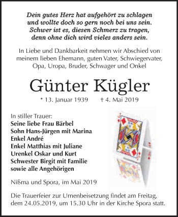 Traueranzeige von Günter Kügler von WVG - Wochenspiegel NMB / WSF / ZTZ