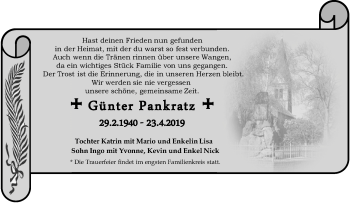 Traueranzeige von Günter Pankratz von Mitteldeutsche Zeitung Bernburg