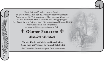 Traueranzeige von Günter Pankratz von Super Sonntag Bernburg