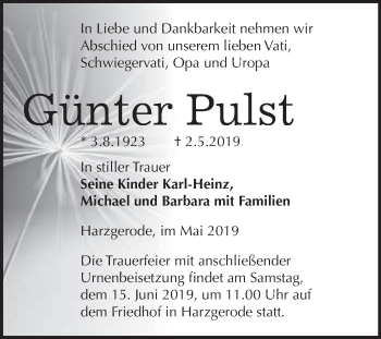 Traueranzeige von Günter Pulst von WVG - Wochenspiegel Quedlinburg
