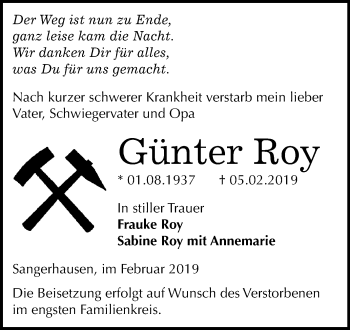 Traueranzeige von Günter Roy von Mitteldeutsche Zeitung Sangerhausen