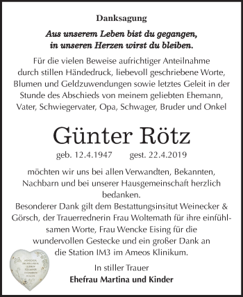 Traueranzeige von Günter Rötz von Mitteldeutsche Zeitung