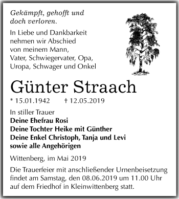 Traueranzeige von Günter Straach von Mitteldeutsche Zeitung