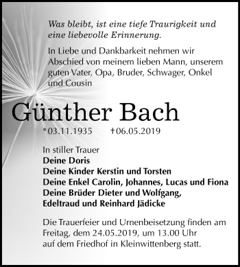Traueranzeige von Günther Bach von Mitteldeutsche Zeitung