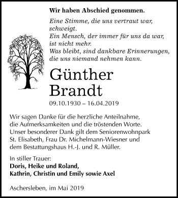 Traueranzeige von Günther Brandt von Mitteldeutsche Zeitung Aschersleben
