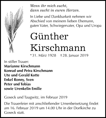Traueranzeige von Günther Kirschmann von Mitteldeutsche Zeitung Weißenfels