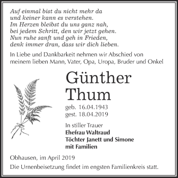 Traueranzeige von Günther Thum von WVG - Wochenspiegel Merseburg