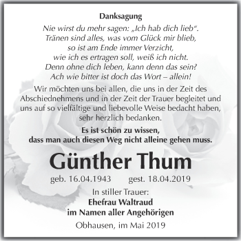 Traueranzeige von Günther Thum von WVG - Wochenspiegel Merseburg