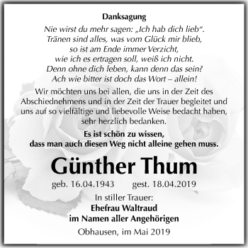 Traueranzeige von Günther Thum von Mitteldeutsche Zeitung Merseburg/Querfurt