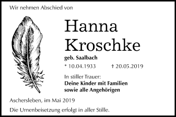Traueranzeige von Hanna Kroschke von Mitteldeutsche Zeitung