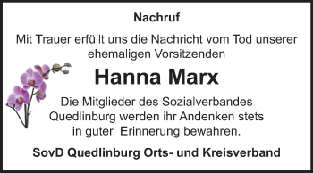Traueranzeige von Hanna Marx von Mitteldeutsche Zeitung Quedlinburg