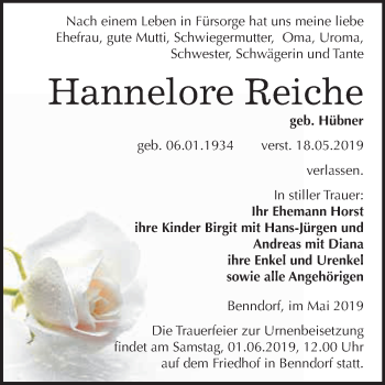 Traueranzeige von Hannelore Reiche von Wochenspiegel Mansfelder Land