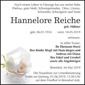 Traueranzeige von Hannelore Reiche von Mitteldeutsche Zeitung Mansfelder Land