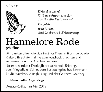 Traueranzeige von Hannelore Rode von Mitteldeutsche Zeitung Dessau-Roßlau