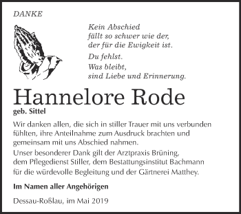 Traueranzeige von Hannelore Rode von WVG - Wochenspiegel Dessau / Köthen