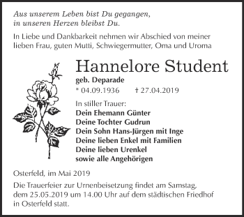 Traueranzeige von Hannelore Student von WVG - Wochenspiegel NMB / WSF / ZTZ