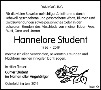 Traueranzeige von Hannelore Student von WVG - Wochenspiegel NMB / WSF / ZTZ