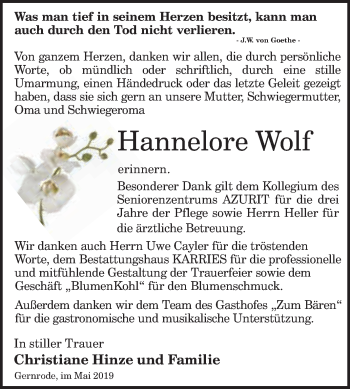 Traueranzeige von Hannelore Wolf von WVG - Wochenspiegel Quedlinburg