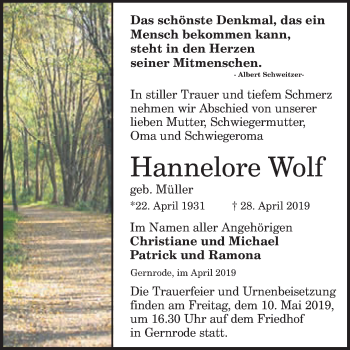 Traueranzeige von Hannelore Wolf von WVG - Wochenspiegel Quedlinburg