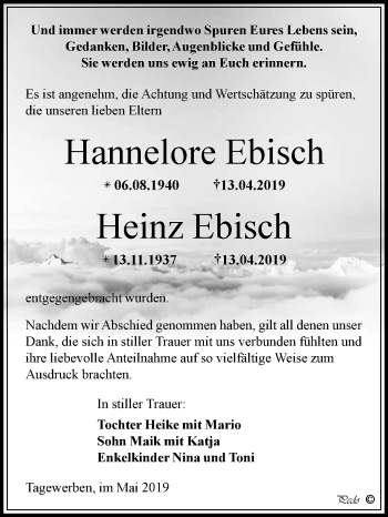 Traueranzeige von Hannelore und Heinz Ebisch von WVG - Wochenspiegel NMB / WSF / ZTZ