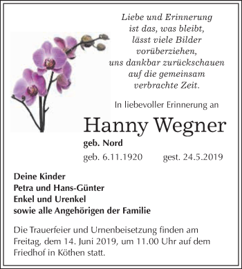 Traueranzeige von Hanny Wegner von WVG - Wochenspiegel Dessau / Köthen