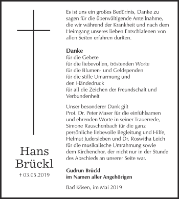 Traueranzeige von Hans Brückl von WVG - Wochenspiegel NMB / WSF / ZTZ