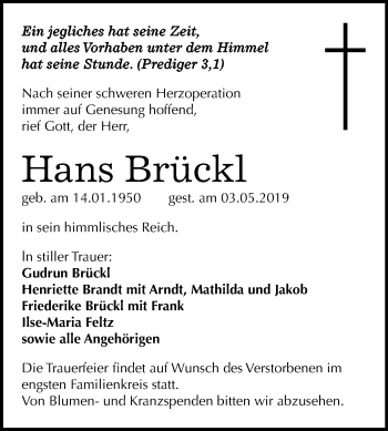Traueranzeige von Hans Brückl von Mitteldeutsche Zeitung