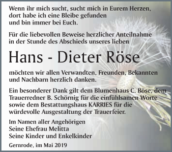 Traueranzeige von Hans-Dieter  Röse von WVG - Wochenspiegel Quedlinburg