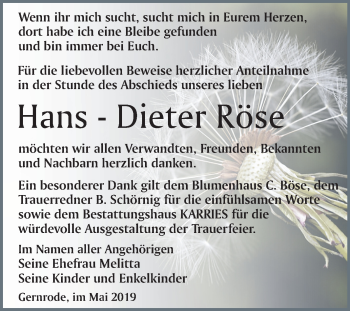 Traueranzeige von Hans-Dieter  Röse von Mitteldeutsche Zeitung