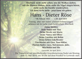 Traueranzeige von Hans-Dieter  Röse von WVG - Wochenspiegel Quedlinburg