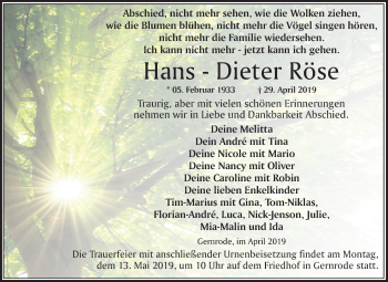 Traueranzeige von Hans-Dieter  Röse von Mitteldeutsche Zeitung Quedlinburg