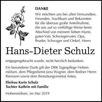 Traueranzeige von Hans-Dieter Schulz von WVG - Wochenspiegel NMB / WSF / ZTZ