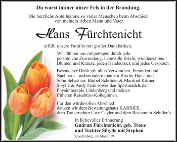 Traueranzeige von Hans Fürchtenicht von WVG - Wochenspiegel Quedlinburg
