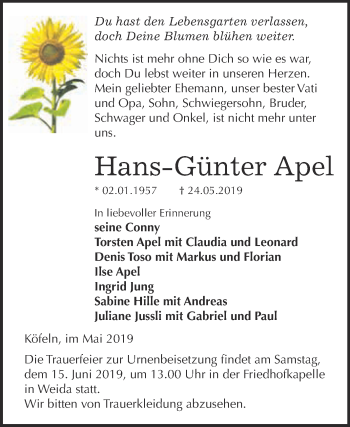 Traueranzeige von Hans-Günter Apel von Super Sonntag Quedlinburg