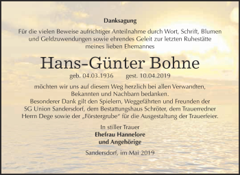 Traueranzeige von Hans-Günter Bohne von WVG - Wochenspiegel Bitterfeld